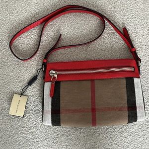 Brand new with tags Burberry check canvas crossbody Cadmium Farley Red bag